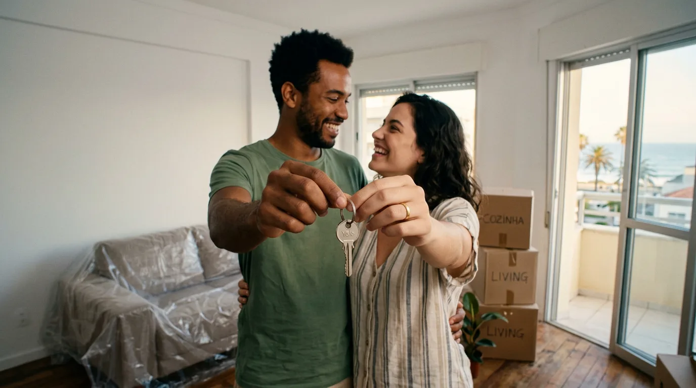 Casal sorrindo e mostrando a chave do apartamento novo, com o mar ao fundo