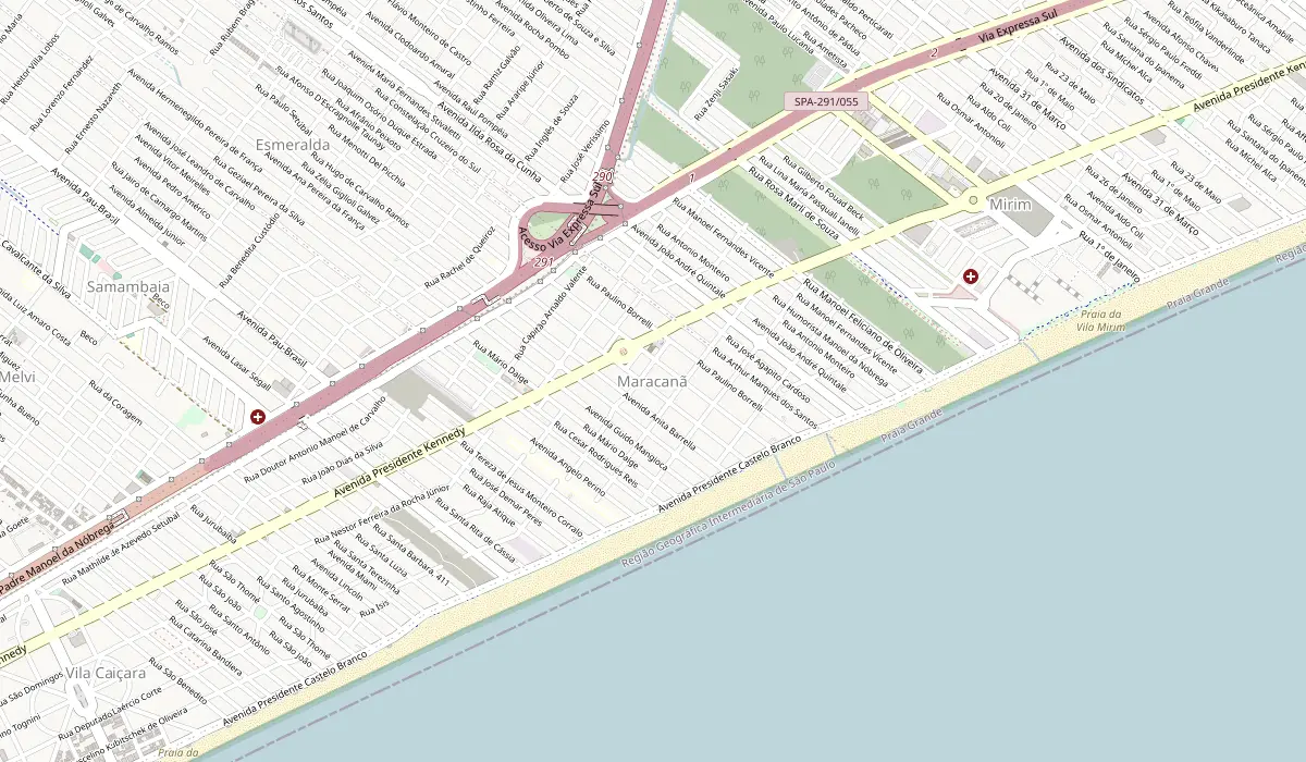 Mapa da região do bairro Balneário Maracanã, em Praia Grande