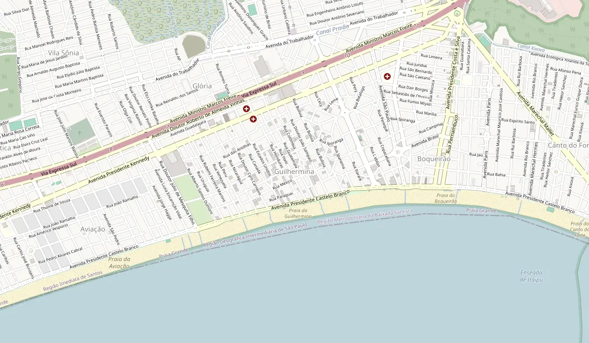 Mapa da região do bairro Guilhermina, em Praia Grande